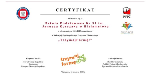 Certyfikat Trzymaj Formę który otrzymała Szkoła za udział w programie