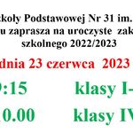 Informacja o godzinach zakończenia roku szkolnego 2023