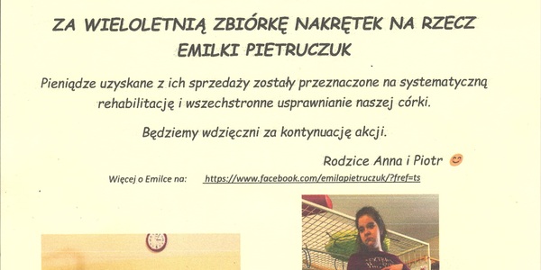 Podziękowania za zbiórkę nakrętek.