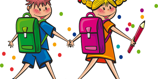 Para dzieci z plecakami szkolnymi